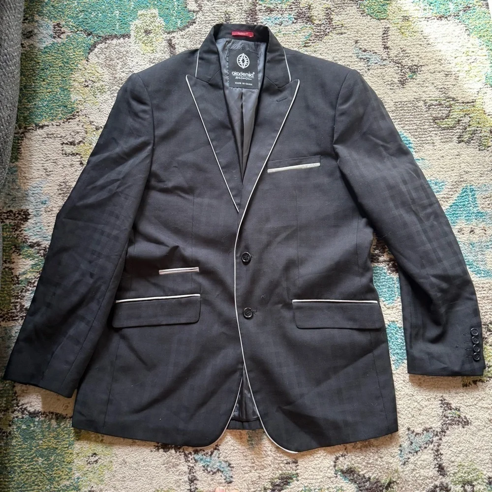 Akademiks Black Plaid Blazer Jacket 42R Contrast Piping